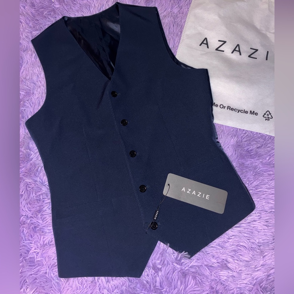 Azazie Blue Slim Fit Suit Vest Adjustable Back Strap Five-Button Size